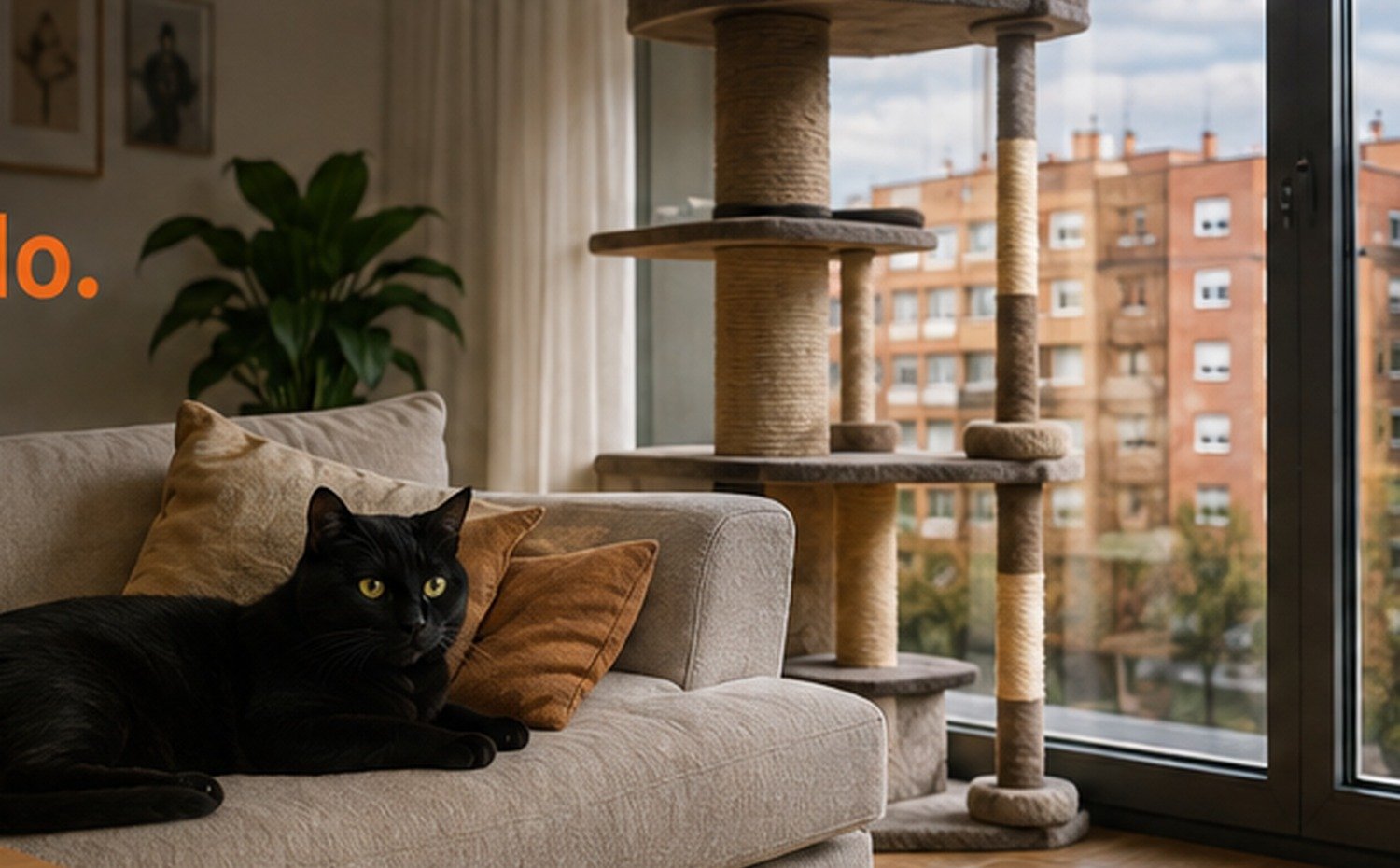 Salón de una vivienda con gato negro